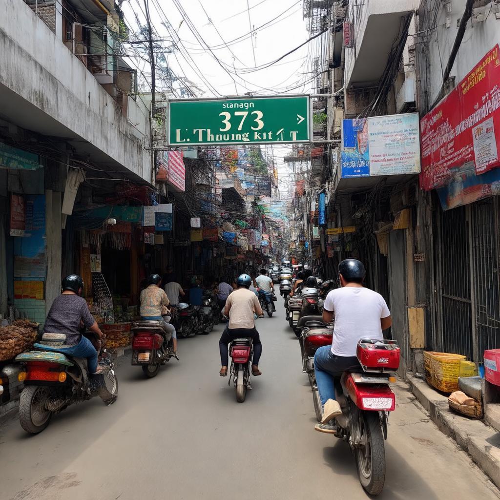 Lối vào Hẻm 373 Lý Thường Kiệt, dẫn vào Chợ Ông Địa, đông đúc xe cộ và người đi bộ.